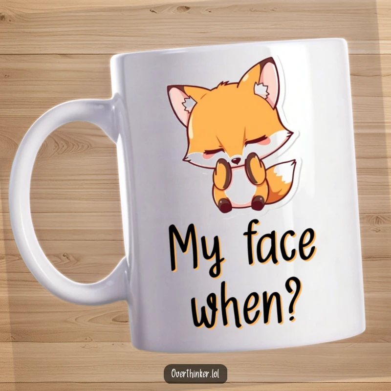 Funny mug featuring a cute fox character hiding its face behind its paws, conveying a strong sense of embarrassment and shyness.