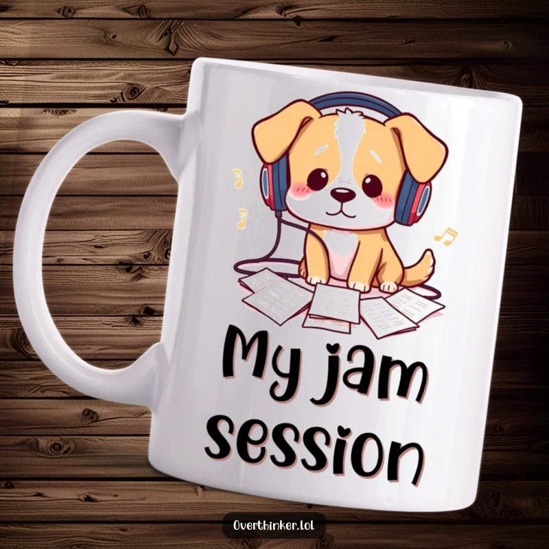 Funny Mug: A dog with tangled headphones looks confusedly at scattered sheet music, humorously depicting musical confusion.