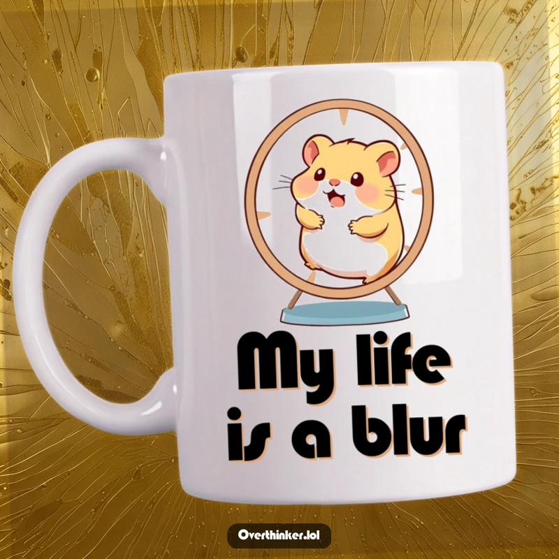 Funny hamster character spinning an exercise wheel at full speed, looking stressed and overwhelmed on this coffee mug.