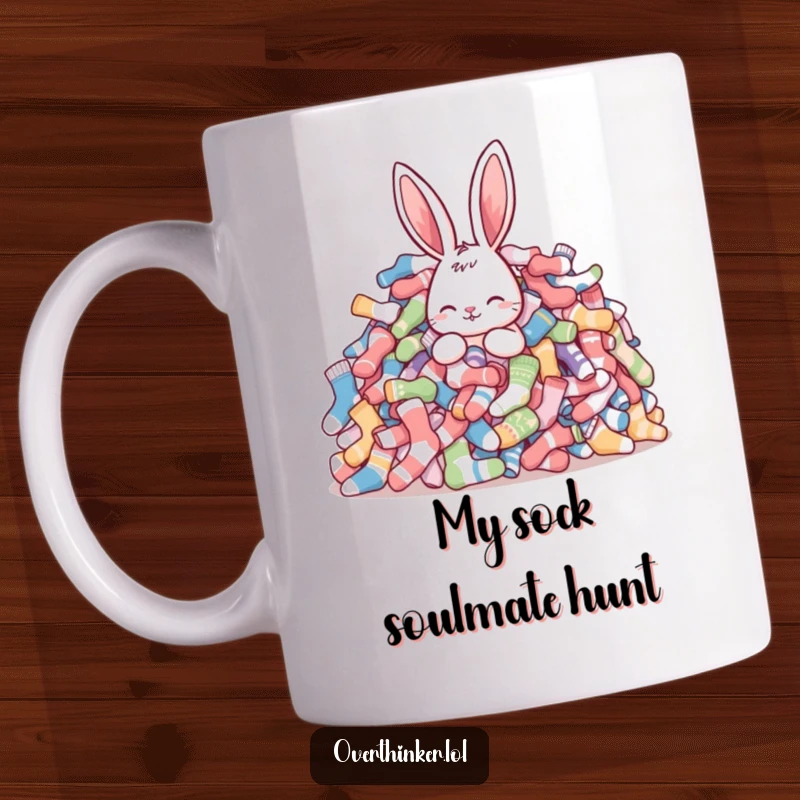 Funny rabbit mug showing a frantic rabbit overwhelmed by a giant pile of mismatched socks, capturing the universal laundry day struggle.