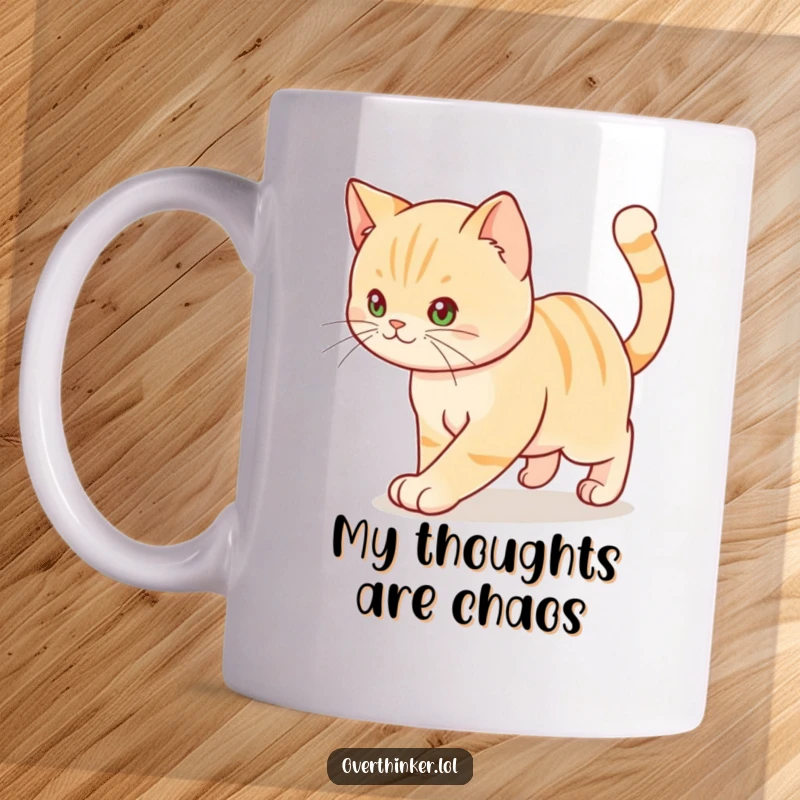 Funny mug showing a cat pacing anxiously with its tail twitching, capturing feline stress perfectly.