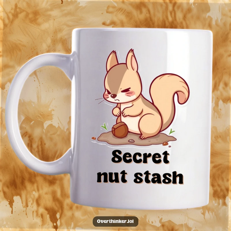 Funny Kawaii squirrel mug showing a cute squirrel burying a nut and looking around nervously, conveying playful paranoia.