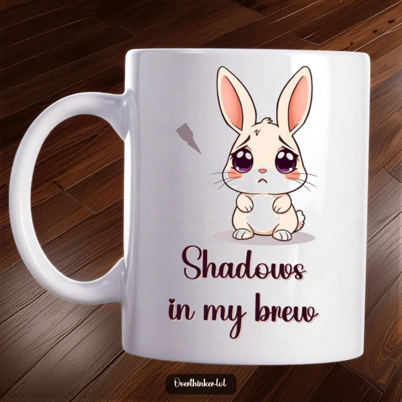Funny mug featuring a rabbit with wide, scared eyes staring intently at a single, ominous shadow approaching. Captures suspense and mild panic humor.