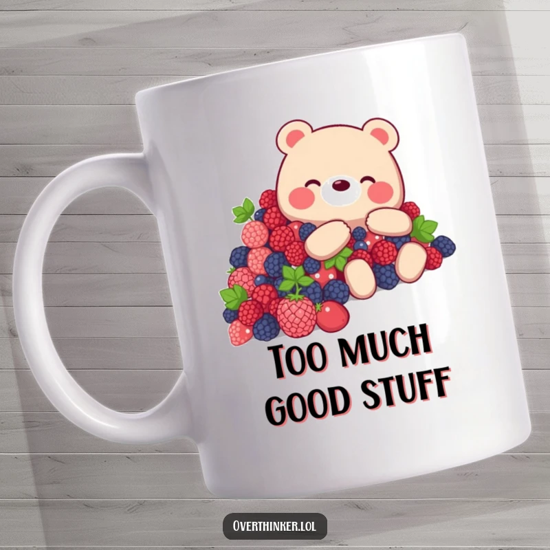 Funny Bear Mug featuring an overwhelmed bear with a mountain of berries, a humorous gift for food lovers.
