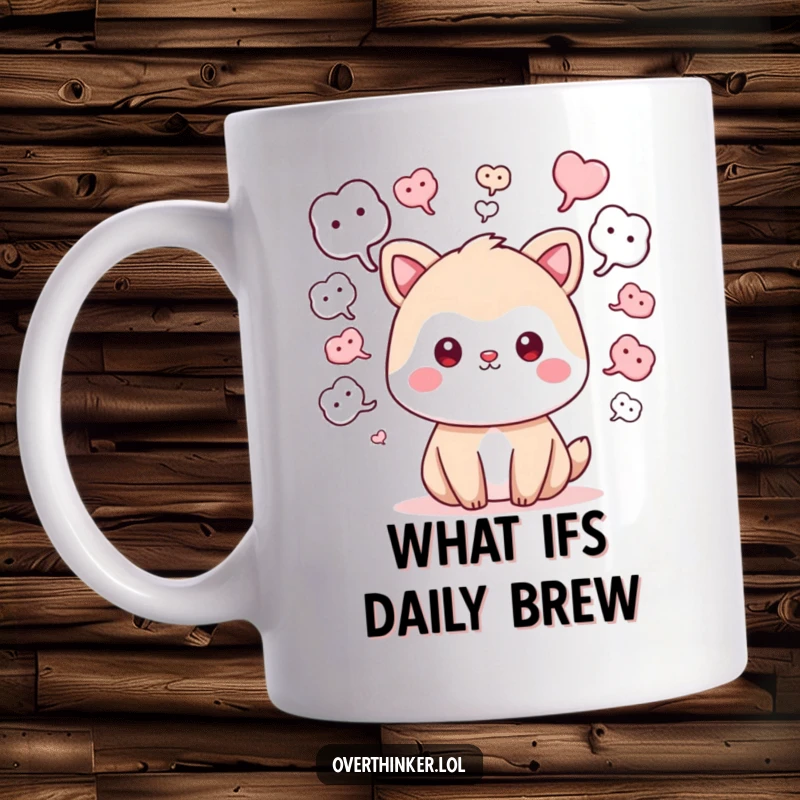 Funny kawaii mug featuring a cute animal character with numerous 'what if' thought bubbles floating around its head, symbolizing imagination and curiosity.