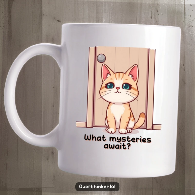 Funny mug of a determined cat staring intently at a closed door, lost in deep concentration and mystery.