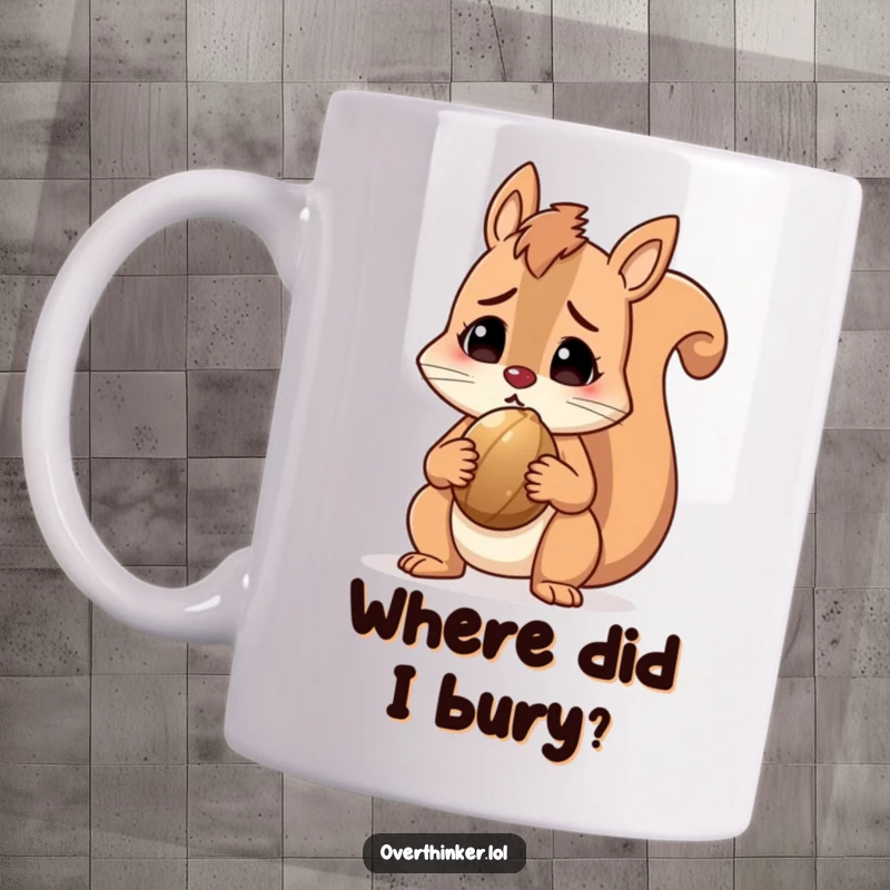 Funny squirrel character mug holding a nut and looking utterly perplexed, depicting humorous confusion. Great gift.