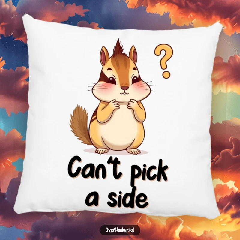 Funny pillow featuring an overthinking chipmunk trying to decide which stripe to paint first, symbolizing focus on details.