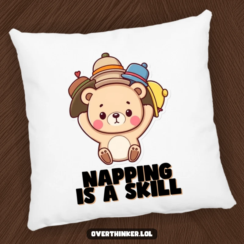 Funny pillow featuring a cute bear character humorously trying to balance multiple hats on its head, offering soft, humorous decor.