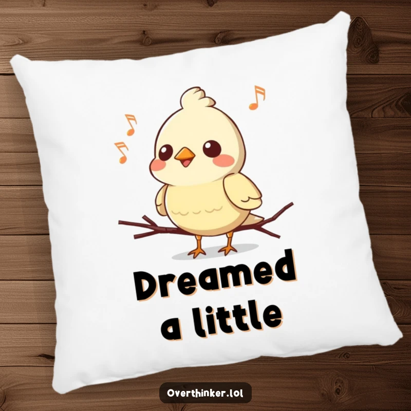 Funny Kawaii bird pillow, a cute character resting while mid-song, hilariously forgetting the ending, offering humorous comfort.