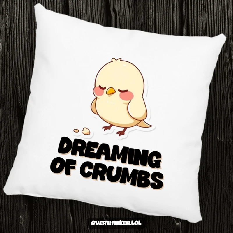 Funny pillow designed with a bird character nervously pecking at a single crumb, evoking a sense of quirky anxiety and focus.
