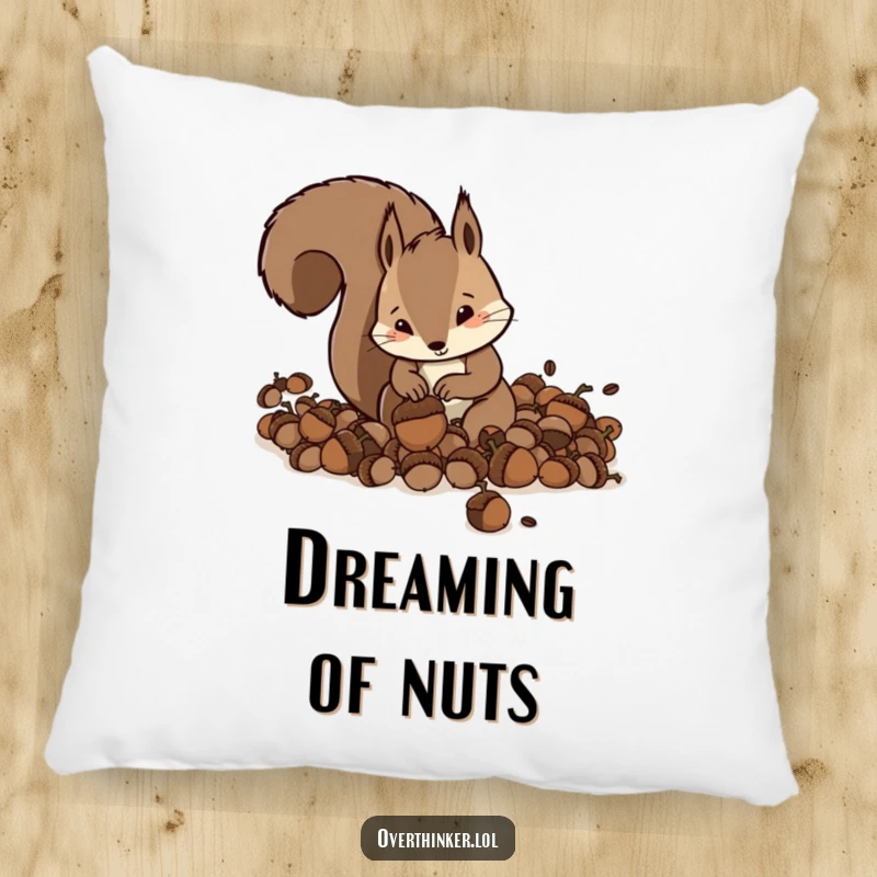 Funny Squirrel Pillow showcasing a frantic squirrel burying acorns, humorous home decor.
