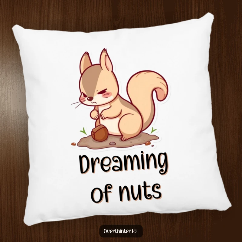 Funny Kawaii squirrel pillow with a cute squirrel burying a nut and looking around nervously, perfect for adding humor to decor.