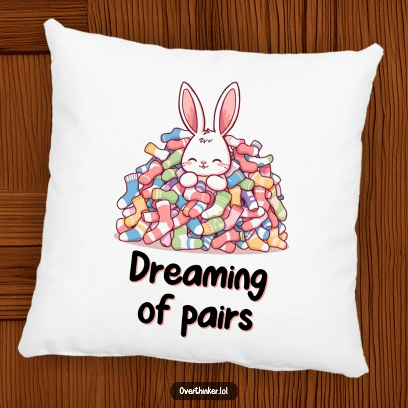 Funny rabbit pillow featuring a cartoon rabbit looking stressed while surrounded by a massive pile of mismatched socks, adding comfort and humor.
