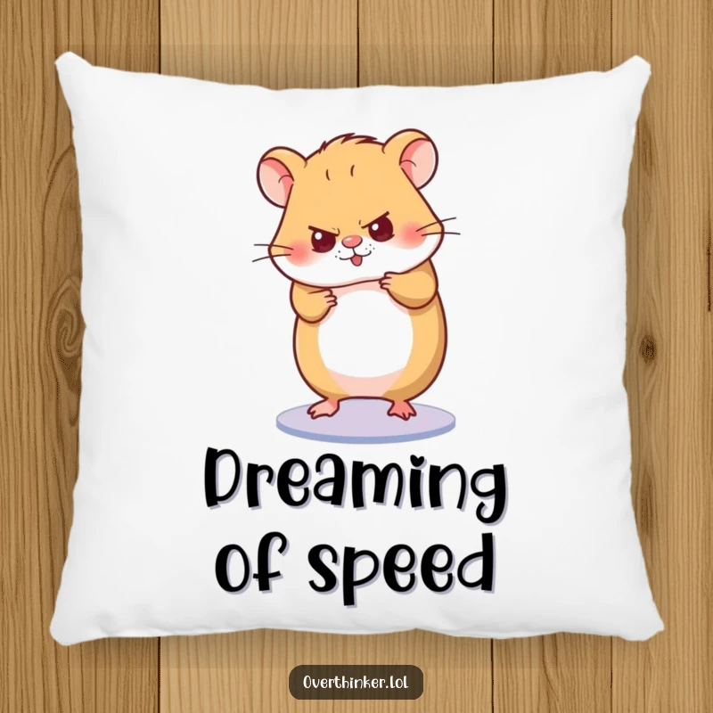 Funny pillow designed with a hamster character spinning its wheel with intense concentration, evoking a sense of hard work and determination.