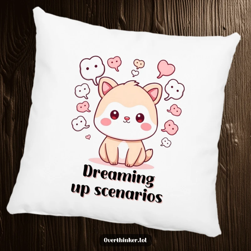 Funny kawaii pillow featuring a cute animal character with many 'what if' thought bubbles, providing comfort and a humorous take on imagination.