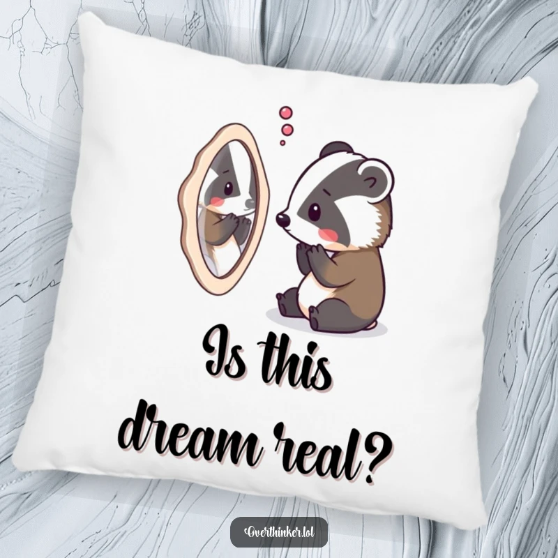 Funny pillow featuring an overthinking badger staring at its reflection, symbolizing deep thought and self-contemplation.