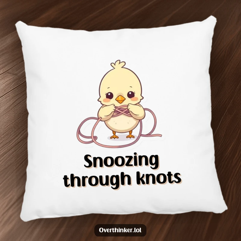 Funny Bird Pillow featuring a small bird character entangled in a knot of yarn, offering soft, humorous comfort. Decorative and charming.