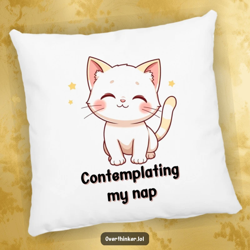 Funny pillow showing a cat with a twitching tail, anticipating multiple outcomes, ideal for comfort.