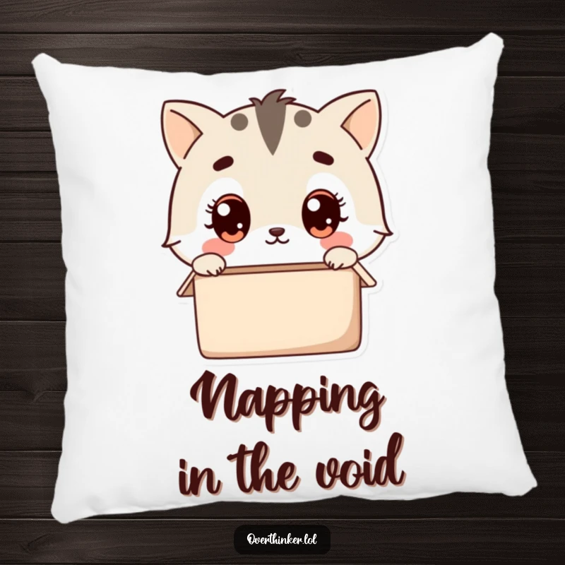 Funny kawaii pillow featuring a cute animal character wide-eyed, pondering an empty box, providing comfort and a humorous take on curiosity.
