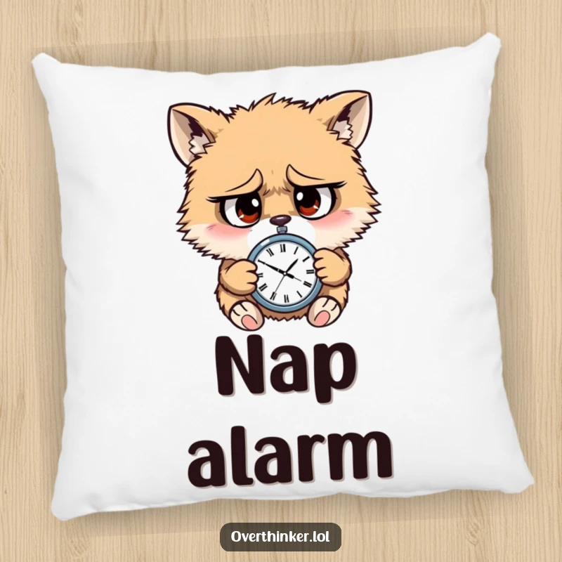 Funny pillow featuring a furry animal with panicked eyes, looking at a tiny watch, embodying the feeling of being behind schedule.
