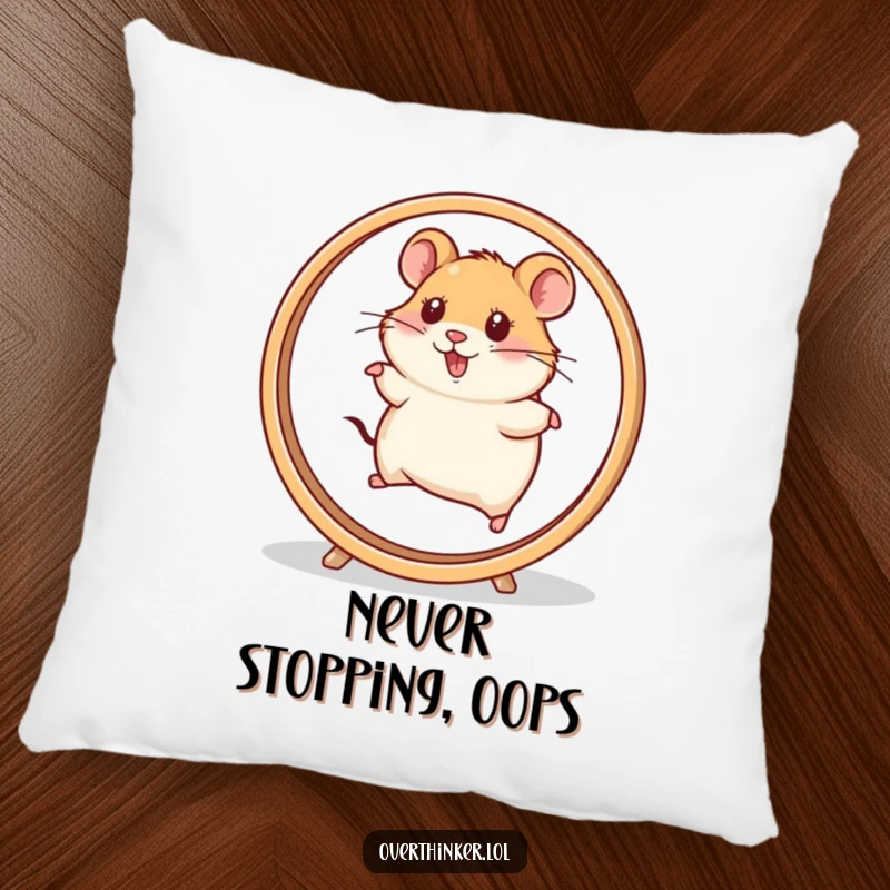Funny Hamster Pillow featuring a hamster character running on a super-fast spinning wheel, offering soft, humorous comfort. Decorative and funny.