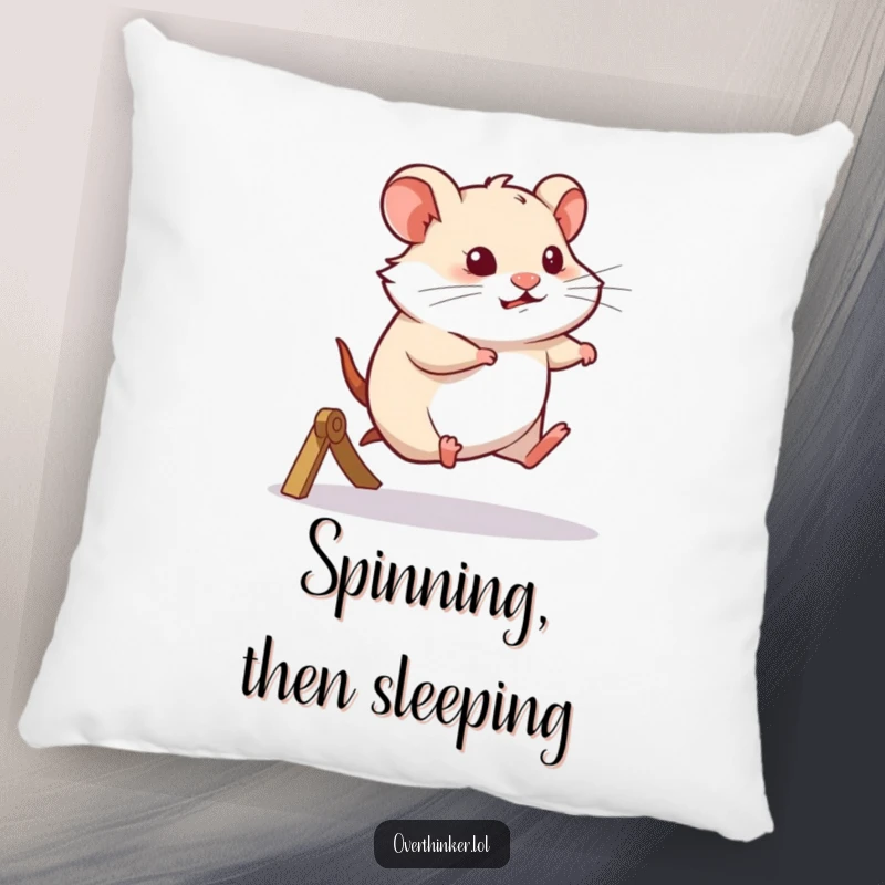 Funny pillow featuring a pensive hamster running on a wheel, perfect for adding a touch of humorous introspection to any room.