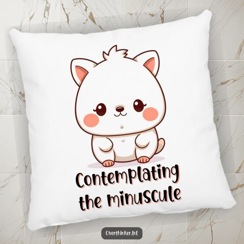 Funny kawaii pillow featuring a cute animal character staring intently at a tiny speck, providing comfort and a humorous take on focus.
