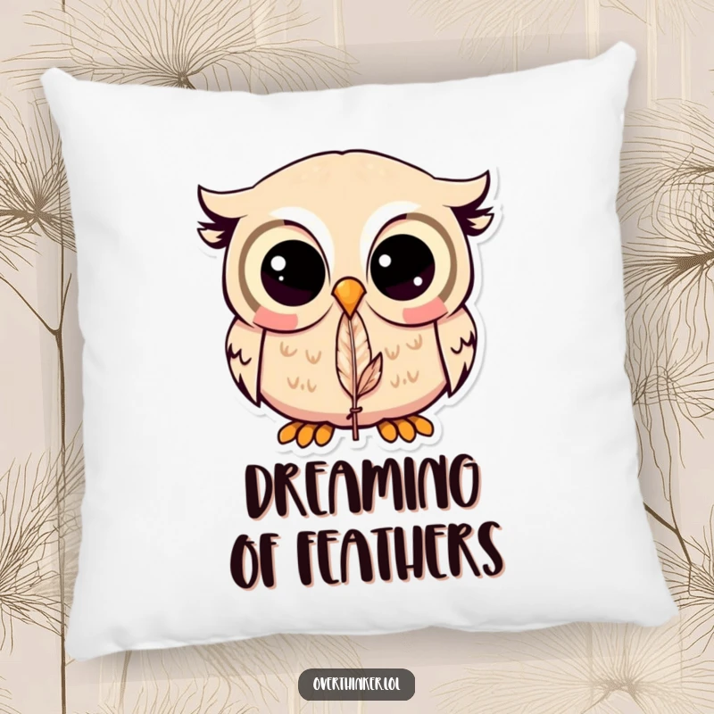 Funny Kawaii owl pillow with a cute owl intensely focusing on a single feather, perfect for adding humor to decor.