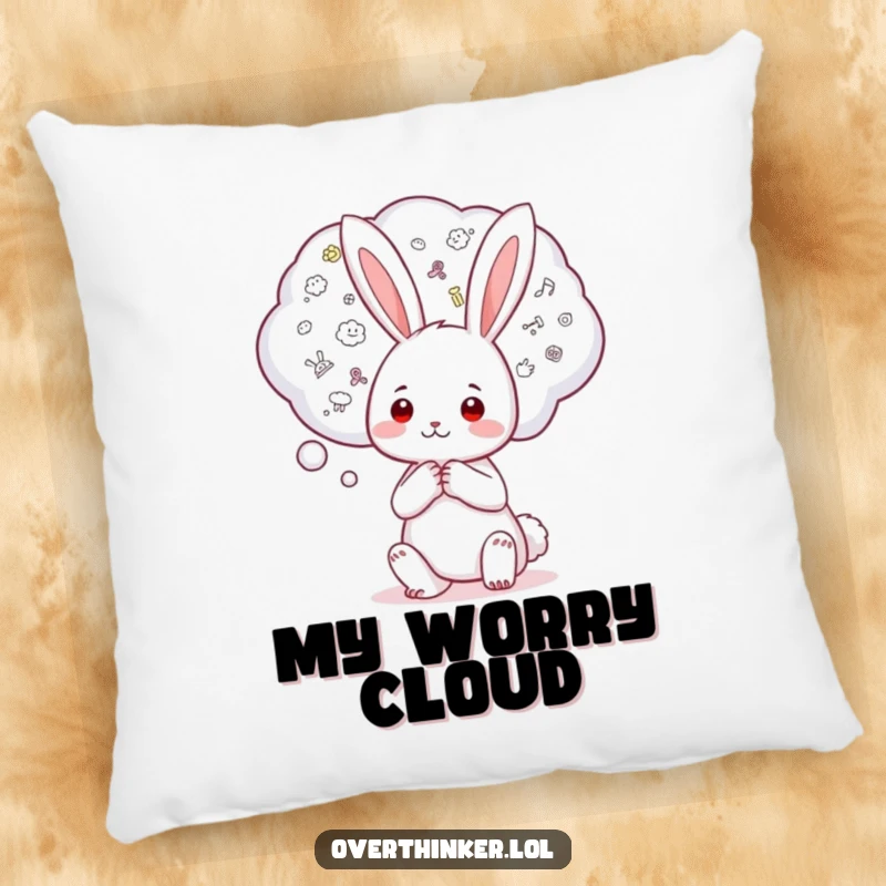Funny Kawaii rabbit pillow featuring a character holding a huge thought bubble filled with small worries, offering cozy comfort and humorous appeal.