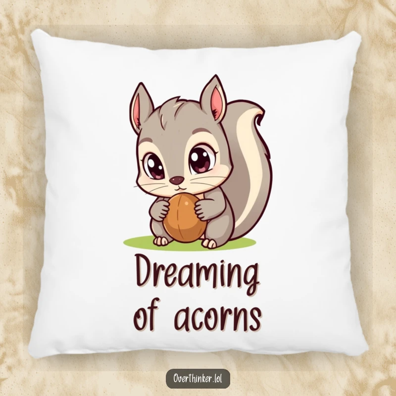 Funny Kawaii squirrel pillow featuring huge eyes focused intently on a nut, designed for comfort and bringing a dose of adorable, humorous charm.