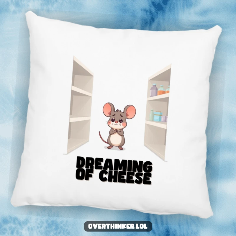 Funny pillow featuring a worried mouse and an empty pantry, providing comfort and a humorous touch to any room.