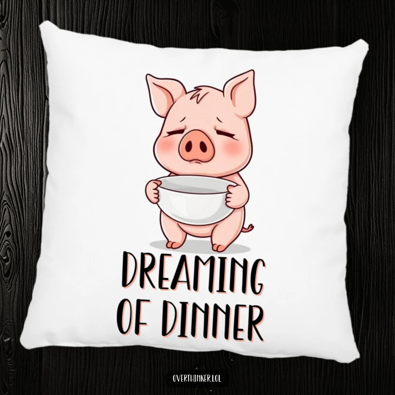 Funny pillow featuring a nervous pig clutching an empty bowl, perfect for adding humorous comfort and a touch of foodie flair.