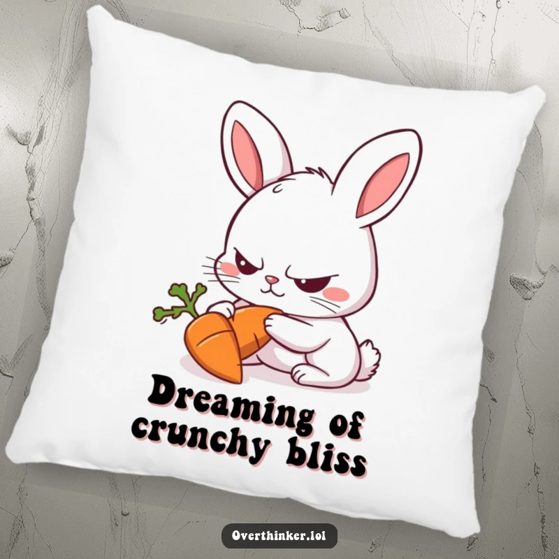 Funny Rabbit Pillow showcasing a rabbit with a furrowed brow intensely focused on a carrot, humorous home decor.