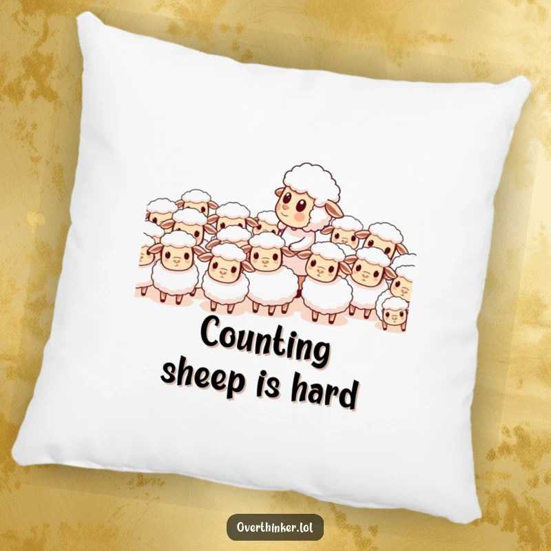 Funny pillow designed with a sheep character attempting to count a herd of identical, confused sheep, evoking a sense of comical chaos.
