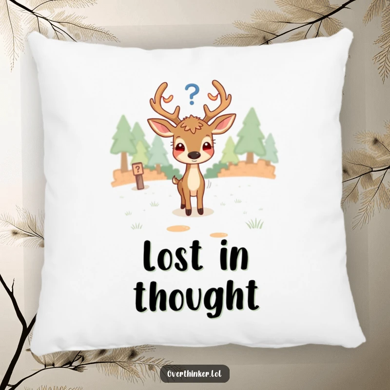Funny pillow featuring an overthinking deer looking confused at a fork in the path, symbolizing deep thought and indecision.