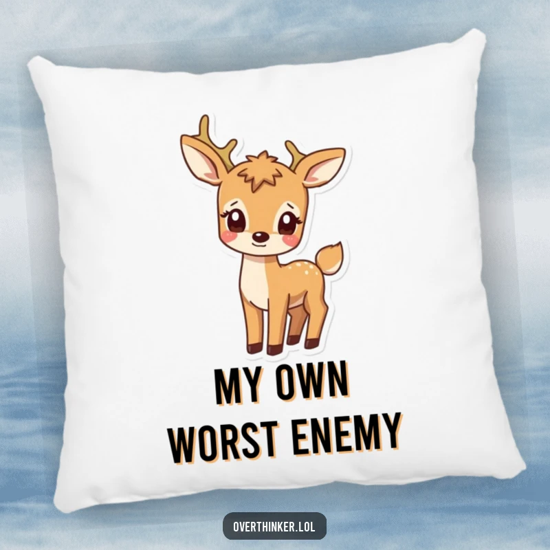 Funny pillow featuring a deer character with a comically confused expression staring at its own tail, providing soft, humorous decor.