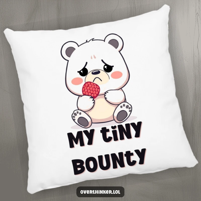 Funny and soft pillow depicting a sad bear holding a tiny berry, a symbol of small rewards.