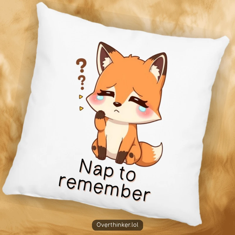 Funny pillow featuring a fox sweating profusely, trying hard to recall a forgotten name. Soft, humorous, and perfect for a cozy chuckle.