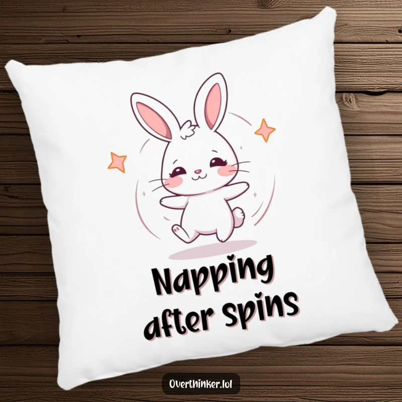 Funny Kawaii rabbit pillow with a cute rabbit spinning in confusion, perfect for adding humor to decor.