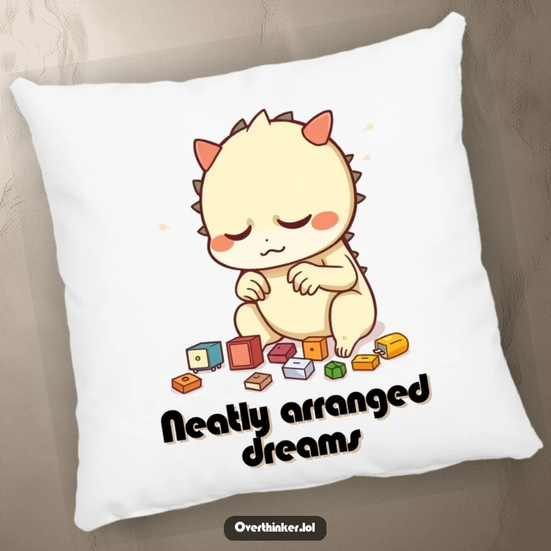 Funny pillow featuring a creature comically rearranging small objects, adding whimsical comfort and a touch of organized humor.