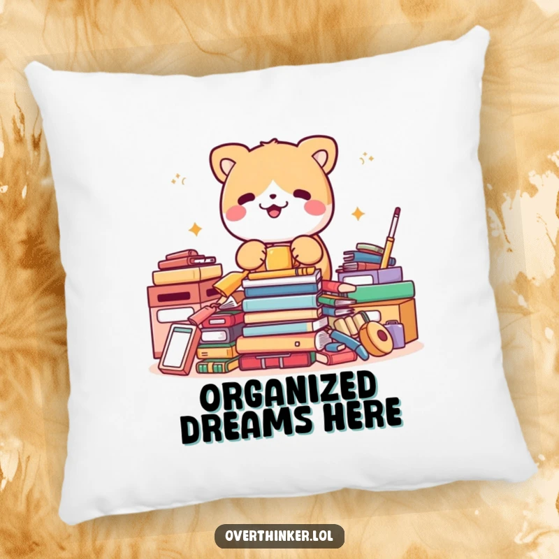 Funny decorative pillow with a cute animal character frantically organizing a pile of already perfectly neat items, bringing humor.