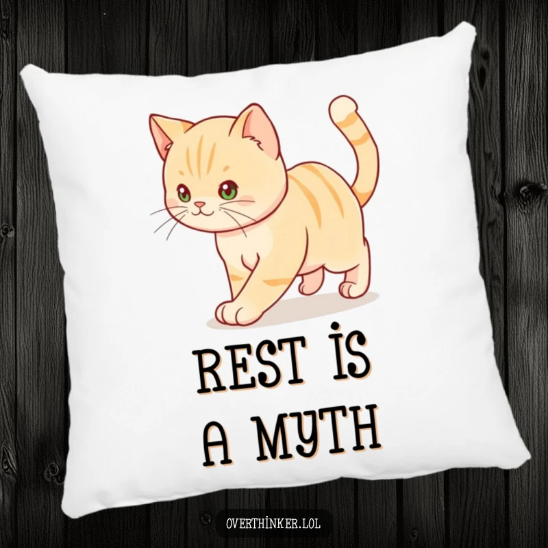 Funny pillow displaying a cat pacing back and forth, tail twitching with nervous energy.