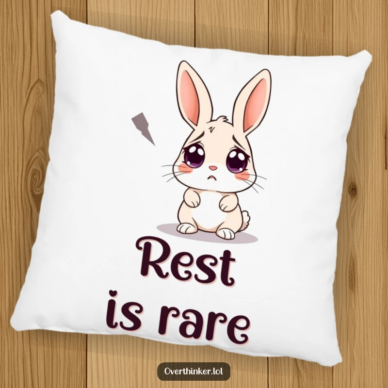 Funny pillow featuring a rabbit with wide, anxious eyes fixated on an approaching shadow. Soft, humorous, and perfect for a cozy chuckle.