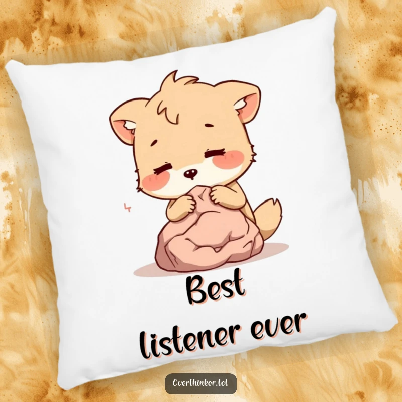Funny Pillow: A depiction of an animal character whispering secrets to a tiny, silent rock, offering both comfort and comedic relief.