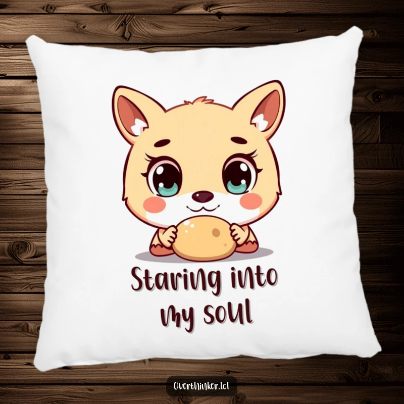 Funny decorative pillow showing an animal character with huge, staring eyes fixated on a simple object, ideal for sofas.