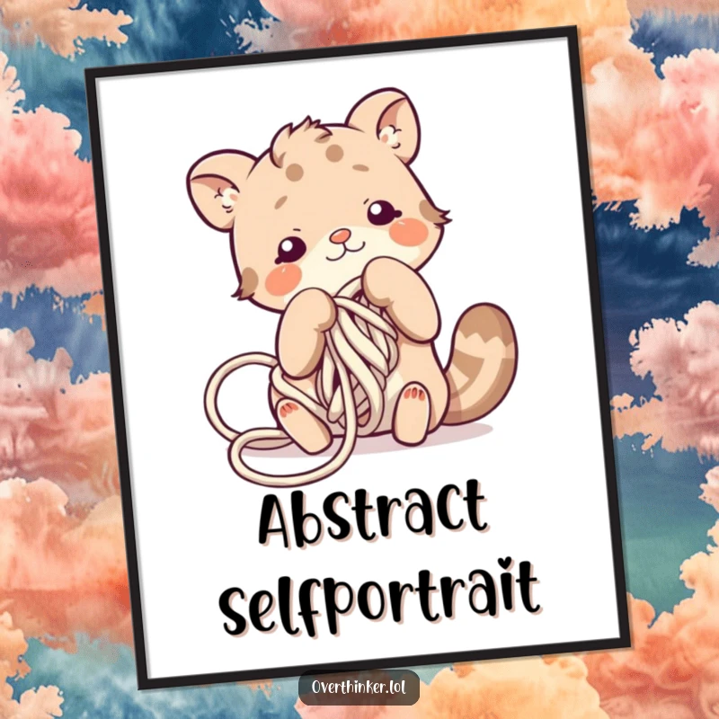 Funny digital art print of a cute animal character comically struggling to get out of a giant knot of yarn, full of humor.