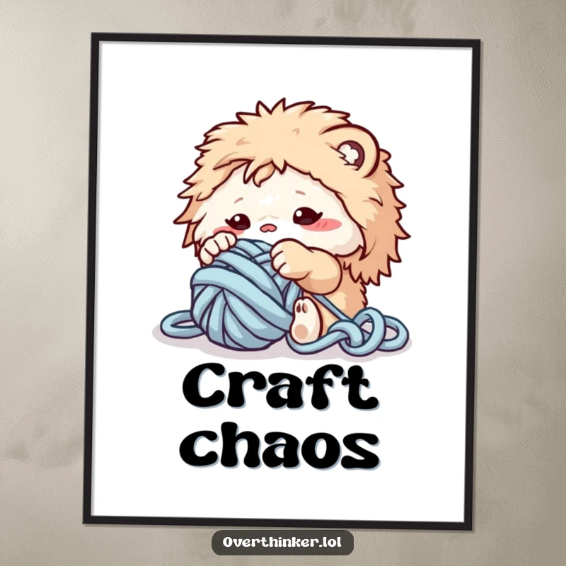 Funny digital art print of a fluffy creature comically tangled in yarn, celebrating the joy and mess of crafting.