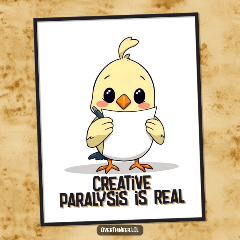 Funny digital art print of an overthinking bird holding a pen, intensely focused on a blank piece of paper, ready to illustrate.