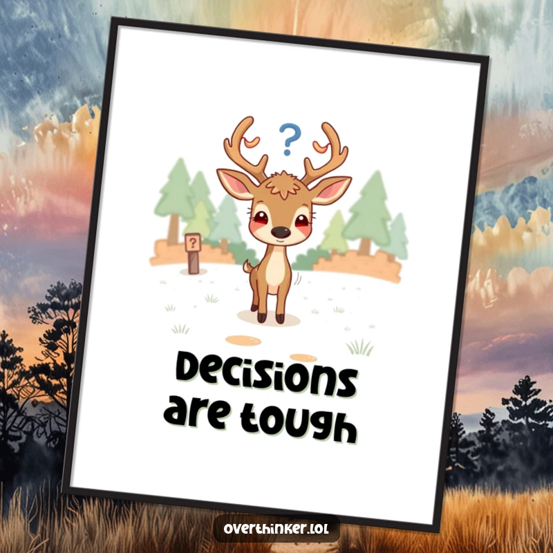 Funny digital art print of an overthinking deer looking utterly perplexed at a fork in the path, representing decision paralysis.